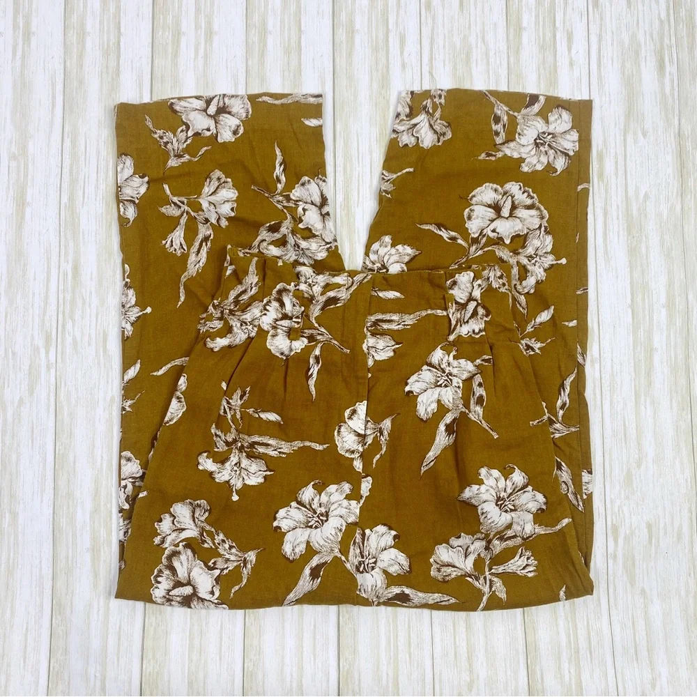 Zara Golden Yellow Floral Print Linen Blend High Waist Pants